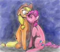 Size: 1700x1473 | Tagged: applejack, applepie, artist:man-eating-llama, blushing, derpibooru import, female, kissing, lesbian, pinkie pie, safe, shipping