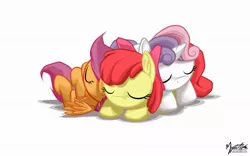 Size: 1920x1200 | Tagged: safe, artist:mysticalpha, derpibooru import, apple bloom, scootaloo, sweetie belle, pony, cuddle puddle, cuddling, cute, cutie mark crusaders, female, filly, old version, pony pile, sleep pile, sleeping, wallpaper