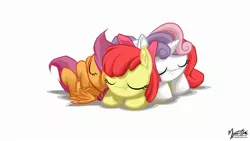 Size: 2560x1440 | Tagged: safe, artist:mysticalpha, derpibooru import, apple bloom, scootaloo, sweetie belle, pony, cuddle puddle, cuddling, cute, cutie mark crusaders, female, filly, pony pile, sleeping, wallpaper