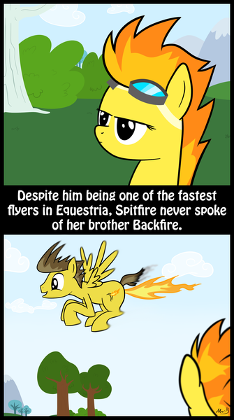 Size: 1324x2371 | Tagged: safe, artist:mrbastoff, derpibooru import, spitfire, oc, oc:afterburner, pegasus, pony, afterburner, comic, fart, fart propulsion, female, fire, fire fart, male, mare, stallion, tree