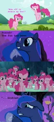 Size: 500x1115 | Tagged: safe, derpibooru import, edit, edited screencap, screencap, pinkie pie, princess luna, earth pony, pony, too many pinkie pies, backwards hub logo, clone, clones, comic, cute, doubled, female, fun, mare, meme, pinkie clone, quadrupled, quintupled, sextupled, that cute clone, the fun has been doubled, tripled