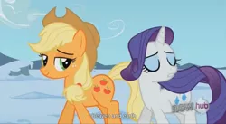 Size: 1577x865 | Tagged: applejack, bedroom eyes, derpibooru import, earth, heaven, rarity, safe, screencap, the crystal empire, youtube caption, youtube link