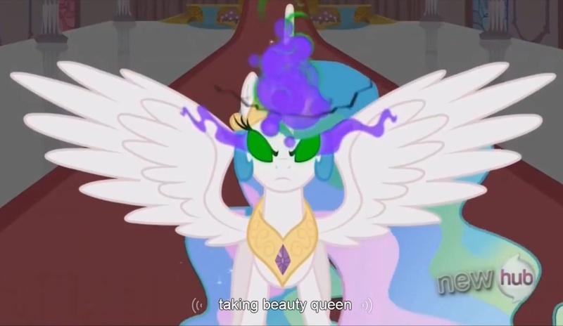 Size: 1491x865 | Tagged: dark magic, derpibooru import, hub logo, magic, princess celestia, safe, screencap, sombra eyes, spread wings, the crystal empire, wings, youtube caption, youtube link