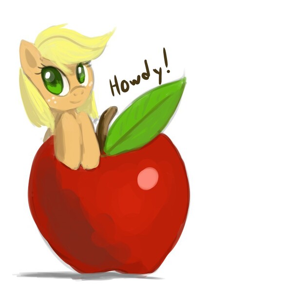Size: 780x800 | Tagged: safe, artist:raikoh, derpibooru import, applejack, ask appletini, appletini, ask, cute, hatless, howdy, jackabetes, missing accessory, ponies in food, simple background, solo, tumblr, white background
