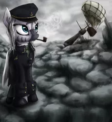 Size: 900x977 | Tagged: airship, artist:rule1of1coldfire, clothes, coat, derpibooru import, hat, nightwish, pipe, safe, smoke, smoking, solo, somber, the islander, uniform, zebra