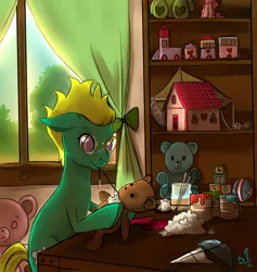 Size: 900x948 | Tagged: artist:starshinebeast, backlighting, craft, derpibooru import, glasses, interior, needle, oc, paint, safe, sewing, table, teddy bear, toy, unofficial characters only, verdana, window, working