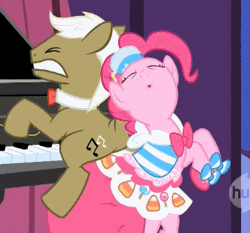 Size: 515x480 | Tagged: safe, derpibooru import, screencap, frederic horseshoepin, pinkie pie, earth pony, pony, the best night ever, animated, bipedal, butt bump, butt rub, butt to butt, butt touch, clothes, cropped, dress, eyes closed, female, gala dress, grand galloping gala, grimace, loop, male, mare, piano, pony pokey, singing, stallion, wat