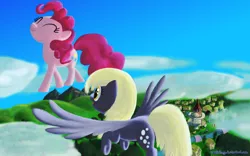 Size: 1024x640 | Tagged: safe, artist:deathpwny, derpibooru import, derpy hooves, pinkie pie, pegasus, pony, cloud, cloudy, duo, eyes closed, female, flying, fuck the police, house, in which pinkie pie forgets how to gravity, mare, pinkie being pinkie, pinkie physics, ponyville, sky, tree, walking on air