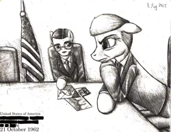 Size: 1600x1236 | Tagged: american presidents, artist:tsaritsaluna, clothes, derpibooru import, flag, glasses, john f. kennedy, ponified, president, robert mcnamara, safe, suit, traditional art