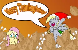 Size: 1011x648 | Tagged: safe, artist:extremeasaur5000, derpibooru import, derpy hooves, fluttershy, pegasus, pony, turkey, air freshener, crying, female, flutterbuse, hat, mare, santa hat, thanksgiving