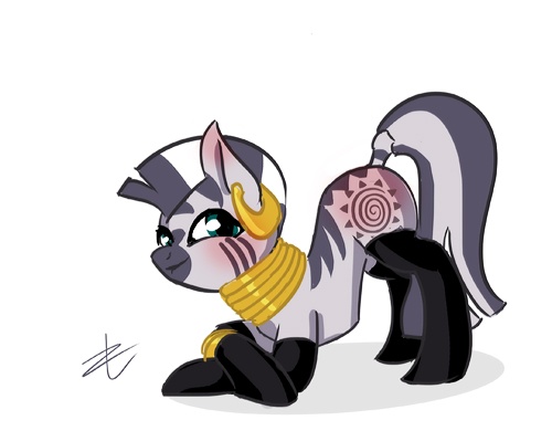 Size: 500x390 | Tagged: dead source, suggestive, artist:lizombie, derpibooru import, zecora, zebra, blushing, bracelet, clothes, crossed hooves, ear piercing, earring, evening gloves, face down ass up, gloves, gray coat, green eyes, image, jewelry, jpeg, latex, long gloves, looking back, neck rings, piercing, side view, signature, simple background, smiling, spank mark, stockings, thigh highs, two toned mane, two toned tail, white background