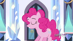 Size: 500x281 | Tagged: safe, derpibooru import, screencap, pinkie pie, spike, dragon, pony, the crystal empire, animated, bipedal, blinking, confused, cute, diapinkes, female, frown, holding, holding a dragon, hub logo, male, mare, open mouth, smiling, spikabetes, take this, wide eyes