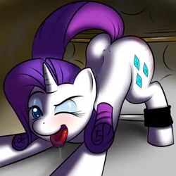 Size: 900x900 | Tagged: suggestive, artist:kloudmutt, derpibooru import, rarity, blushing, bondage, drool, face down ass up, nudity, spanking, spreader bar, tongue out, whip marks, wink