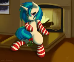 Size: 2500x2101 | Tagged: artist:skipsy, bedroom eyes, chest fluff, clothes, derpibooru import, female, fireplace, lick my pussy, looking at you, mistletoe, mistletoe abuse, sitting, smiling, socks, solo, solo female, stockings, striped socks, suggestive, vinyl scratch, window