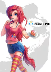 Size: 1131x1600 | Tagged: artist:takos000, cake, cleavage, clothes, cutie mark, derpibooru import, eared humanization, eating, female, food, humanized, pinkie pie, safe, shorts, solo, spoon, stockings, tailed humanization