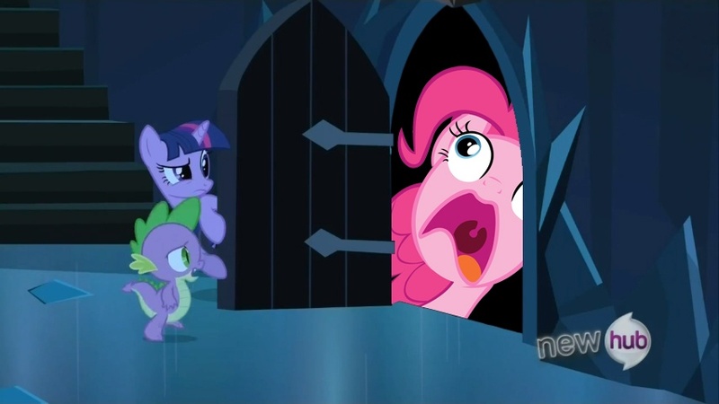 Size: 854x480 | Tagged: safe, derpibooru import, pinkie pie, spike, twilight sparkle, exploitable meme, faic, meme, pinkie frogmouth, the scary door