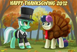 Size: 1100x744 | Tagged: safe, artist:johnjoseco, derpibooru import, bon bon, lyra heartstrings, sweetie drops, turkey, costume, thanksgiving, turkey costume