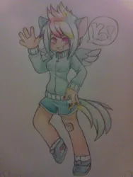 Size: 768x1024 | Tagged: artist:quackingmoron, derpibooru import, eared humanization, humanized, rainbow dash, safe, simple background, solo, tailed humanization, traditional art, winged humanization