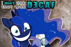 Size: 600x400 | Tagged: artist:kraden, coffee, coffee cup, cup, derpibooru import, faic, insanity, luna found the coffee, lunatic, princess luna, run for your lives, safe, slasher smile, solo