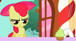 Size: 1082x586 | Tagged: animated, apple bloom, blinking, cupcake, derpibooru import, food, offscreen character, safe, screencap, solo focus, sweetie belle, the cutie pox