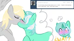 Size: 1080x600 | Tagged: safe, artist:azure-doodle, derpibooru import, derpy hooves, lyra heartstrings, pegasus, pony, unicorn, ask, blushing, eyes closed, female, image, kissing, lesbian, lyraderp, mare, png, sexually confused lyra, shipping, thought bubble, tumblr