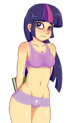 Size: 708x1165 | Tagged: artist:miketheuser, belly button, book, boyshorts, bra, breasts, cleavage, clothes, crop top bra, cute, derpibooru import, female, human, humanized, panties, purple underwear, solo, solo female, suggestive, twiabetes, twilight sparkle, underwear