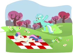 Size: 2635x1932 | Tagged: safe, artist:saturdaymorningproj, derpibooru import, bon bon, lyra heartstrings, sweetie drops, earth pony, pony, unicorn, female, lesbian, lyrabon, mare, pillow, shipping, sleeping, tree