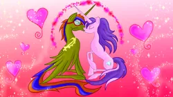 Size: 900x506 | Tagged: artist needed, safe, derpibooru import, oc, oc:crystal sparkle, oc:storm spark, unofficial characters only, alicorn, pony, alicorn oc, glasses, heart, kissing, love, marriage proposal