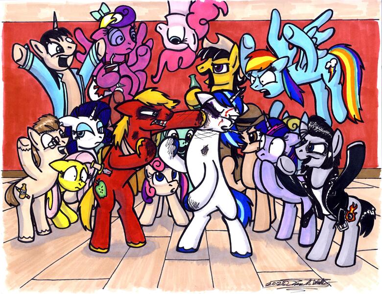 Size: 3312x2548 | Tagged: semi-grimdark, artist:sketchywolf-13, derpibooru import, big macintosh, fluttershy, pinkie pie, rainbow dash, rarity, screwball, shining armor, sweetie belle, twilight sparkle, oc, oc:sketchy, earth pony, pegasus, pony, unicorn, bar fight, bipedal, black eye, blood, female, fight, male, mare, stallion