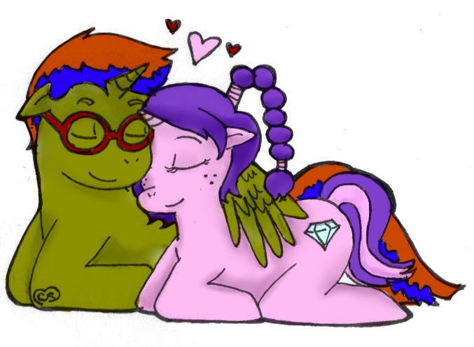 Size: 677x496 | Tagged: artist:chocopandahugs, cuddling, derpibooru import, glasses, heart, hug, love, oc, oc:crystal sparkle, oc:storm spark, safe, unofficial characters only, winghug