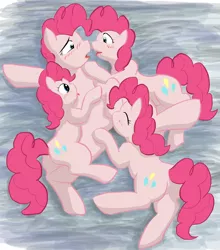 Size: 1022x1159 | Tagged: suggestive, artist:seidouryu, derpibooru import, pinkie pie, earth pony, pony, too many pinkie pies, blushing, clone, featureless crotch, featureless crotch sex, female, foursome, funcest, group sex, lesbian, mare, multeity, pinkie clone, pixiv, selfcest, sex, too much pink energy is dangerous