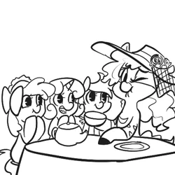 Size: 450x450 | Tagged: apple bloom, artist:mt, derpibooru import, hat, minituffs, monochrome, oc, oc:minituffs, safe, scootaloo, sweetie belle, tea party, zebra