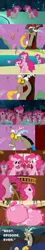 Size: 343x1912 | Tagged: safe, derpibooru import, edit, edited screencap, screencap, discord, pinkie pie, draconequus, earth pony, pony, the return of harmony, too many pinkie pies, balloon hand, chaos, clone, comic, discorded landscape, female, food, male, mare, mirror pool, multeity, pinkie blind, pinkie clone, pond, popcorn, screencap comic, too much pink energy is dangerous, wet mane
