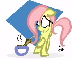 Size: 537x451 | Tagged: artist:jump-cut, bowl, breakfast, derpibooru import, floppy ears, fluttershy, frown, porridge, raised hoof, safe, scared, simple background, solo, white background, wide eyes