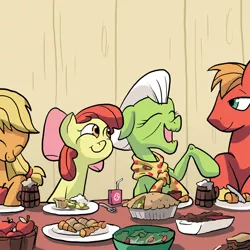 Size: 800x800 | Tagged: safe, artist:docwario, derpibooru import, apple bloom, applejack, big macintosh, granny smith, earth pony, pony, apple, apple pie, carrot, food, male, pie, stallion