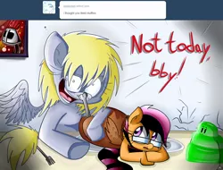 Size: 1131x858 | Tagged: safe, artist:extradan, derpibooru import, derpy hooves, scootaloo, oc, oc:jerky hooves, pegasus, pony, .mov, female, glasses, mare, tumblr