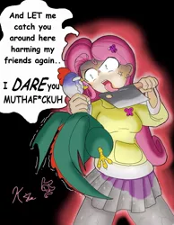Size: 679x875 | Tagged: angry, artist:kei-waza, barrette, blade lick, cleaver, clothes, cockatrice, derpibooru import, dialogue, ear piercing, earring, fluttershy, humanized, insanity, jewelry, looking at each other, petrification, piercing, psycho, safe, scene interpretation, skirt, sweater, sweatershy, the stare, vulgar