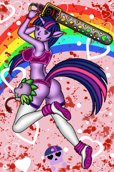Size: 800x1204 | Tagged: anthro, artist:timmy22222001, ass, breasts, busty twilight sparkle, butt, chainsaw, crossover, derpibooru import, disembodied head, eared humanization, female, horned humanization, humanized, lollipop chainsaw, pony coloring, spike, suggestive, tailed humanization, tara strong, twilight sparkle