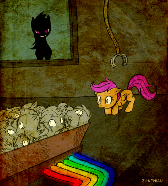 Size: 820x906 | Tagged: artist:zilkenian, derpibooru import, fanfic:rainbow factory, grimdark, rainbow dash, scootaloo