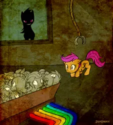 Size: 820x906 | Tagged: artist:zilkenian, derpibooru import, fanfic:rainbow factory, grimdark, rainbow dash, scootaloo