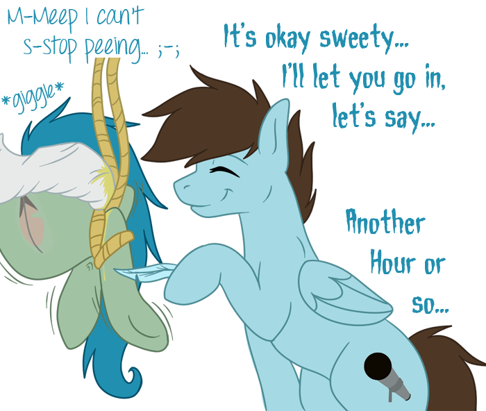 Size: 700x592 | Tagged: questionable, derpibooru import, oc, oc:meep, unofficial characters only, pegasus, pony, bondage, couple, diaper, diaper bondage, diaper fetish, eyes closed, feather, hanging, hoof tickling, hooves, meze, pissing, shivering, smiling, tickling, underhoof, urine, wet, wet diaper, wetting