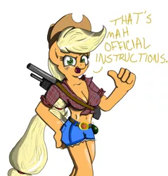 Size: 1432x1500 | Tagged: anthro, applejack, artist:wazzart, belly button, breasts, busty applejack, cleavage, clothes, daisy dukes, derpibooru import, ellis, female, gun, kill all sons a bitches, left 4 dead, left 4 dead 2, safe, shotgun, weapon