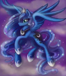 Size: 1599x1852 | Tagged: alicorn, artist:kiss-the-thunder, crown, derpibooru import, ethereal mane, female, flying, green eyes, hoof shoes, horn, jewelry, night, princess luna, regalia, sad, safe, signature, sky, solo, spread wings, stars, wings