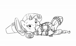 Size: 996x600 | Tagged: suggestive, artist:carnifex, derpibooru import, rarity, apple gag, bondage, fat, gag, horn ring, magic suppression, monochrome, pilgrim outfit, thanksgiving