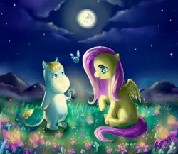 Size: 3000x2600 | Tagged: safe, artist:unnameluna, derpibooru import, fluttershy, parasprite, pegasus, pony, candle, crossover, hattifattener, looking at each other, sitting, snork maiden, the moomins