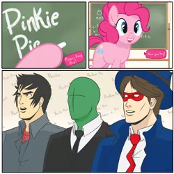 Size: 1500x1500 | Tagged: dead source, safe, artist:tex, derpibooru import, pinkie pie, oc, oc:anon, oc:tex, earth pony, human, pony, /co/nrad, 4chan, chalkboard, comic, nickname, panko, ponk, ponka, text