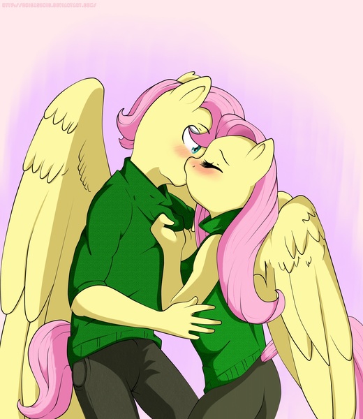 Size: 1506x1738 | Tagged: anthro, artist:nolycs, blushing, butterscotch, clothes, derpibooru import, female, flutterscotch, fluttershy, kissing, male, rule 63, safe, selfcest, self ponidox, shipping, sleeveless turtleneck, straight, sweater, sweatershy