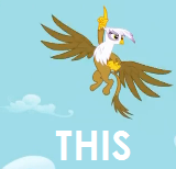 Size: 160x154 | Tagged: safe, derpibooru import, edit, edited screencap, screencap, gilda, gryphon, griffon the brush off, caption, cloud, flying, image macro, pointing, reaction image, solo, this