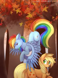 Size: 3000x4000 | Tagged: safe, artist:spittfireart, derpibooru import, applejack, rainbow dash, :o, appledash, bedroom eyes, butt touch, feathermarking, female, floppy ears, flying, forest, lesbian, looking back, looking up, never doubt tchernobog's involvement, raised hoof, shipping, smiling, smirk, spread wings, tree