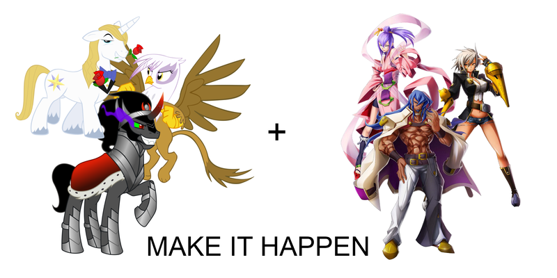 Size: 2000x1000 | Tagged: safe, derpibooru import, gilda, king sombra, prince blueblood, gryphon, all caps, amane nishiki, azrael, blazblue, blazblue chronophantasma, bullet, exploitable meme, make it happen, meme